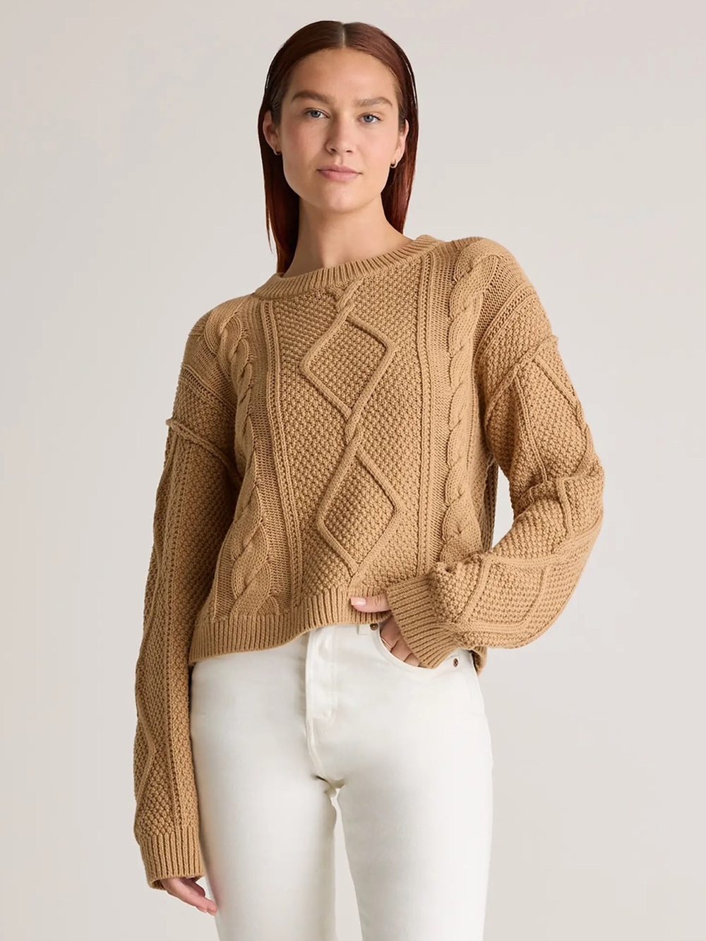 Quince 100% Organic Cotton Cropped Cable Crew Sweater Camel